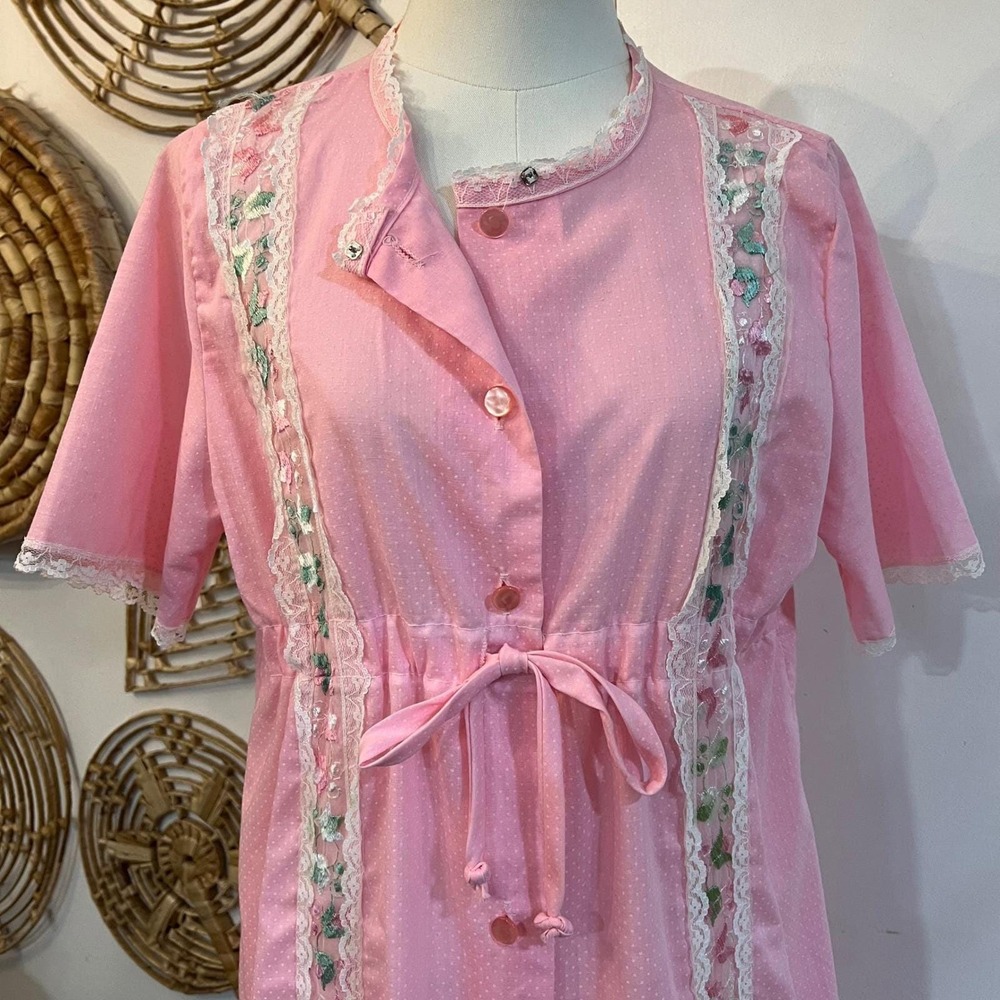 Vintage Pink Maxi Dress Button Front House Dress Nightgown Lace Trim M L - Picture 3 of 8